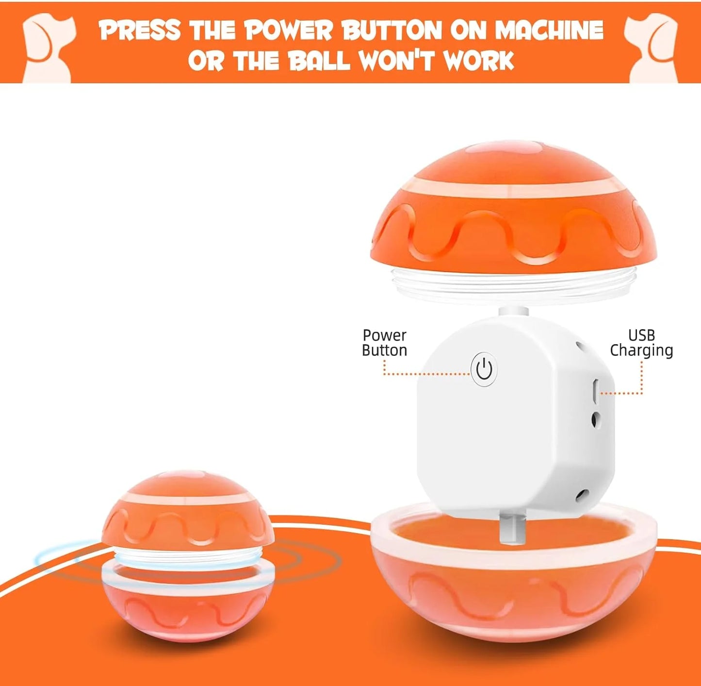 Interactive Dog Toys Dog Ball, Durable Automatic Rolling Ball with Led Flash Lights for Small Meduium Large Dogs Breed, USB Rechargeable Orange