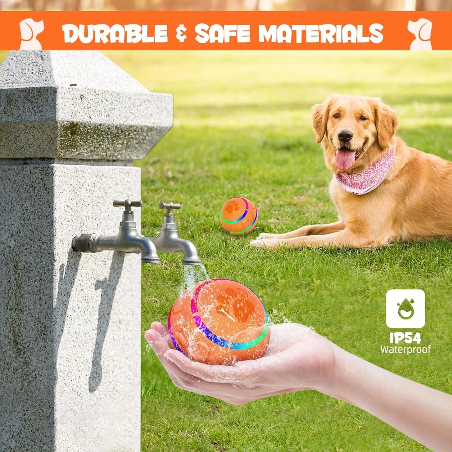Interactive Dog Toys Dog Ball, Durable Automatic Rolling Ball with Led Flash Lights for Small Meduium Large Dogs Breed, USB Rechargeable Orange