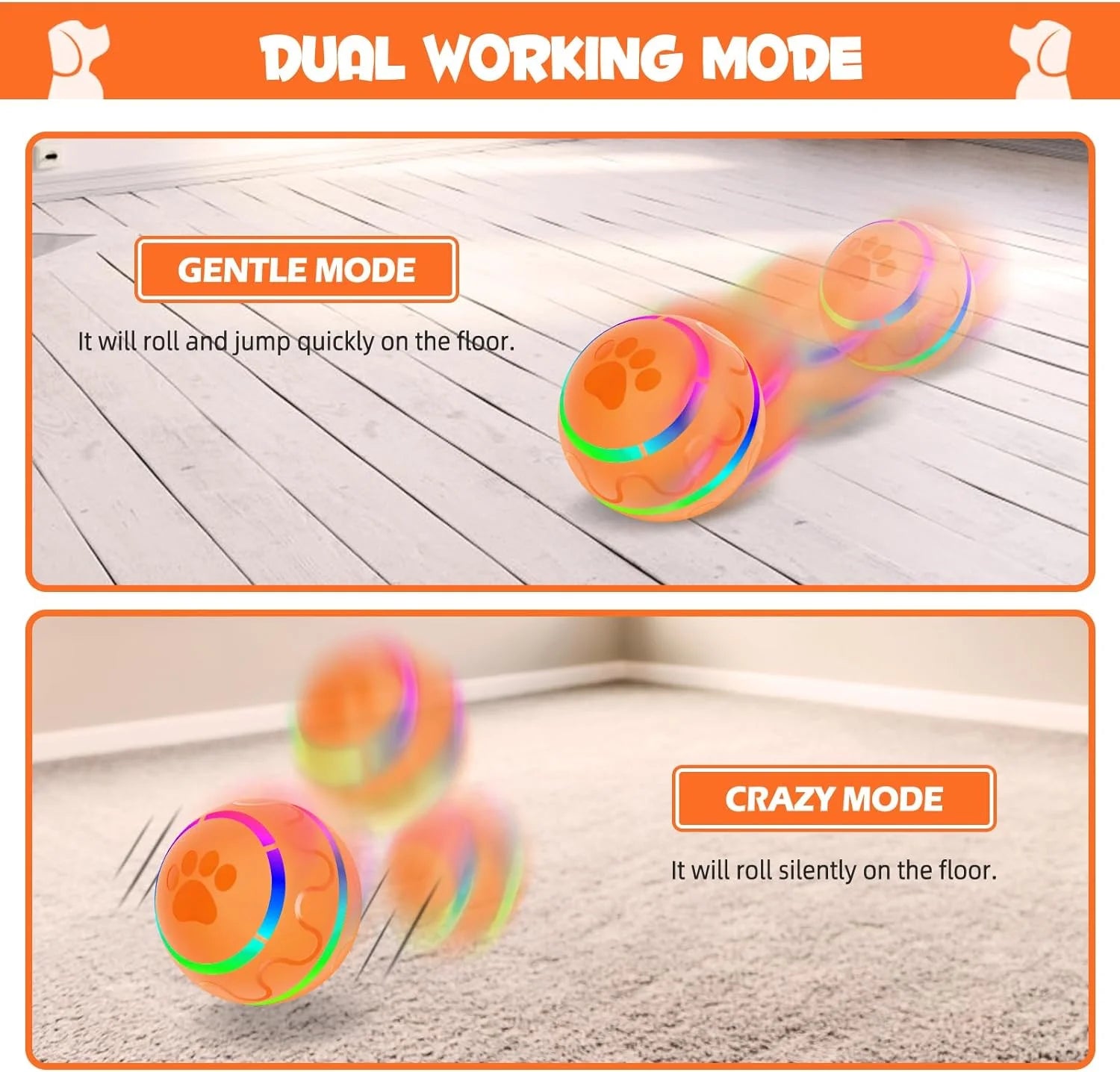 Interactive Dog Toys Dog Ball, Durable Automatic Rolling Ball with Led Flash Lights for Small Meduium Large Dogs Breed, USB Rechargeable Orange