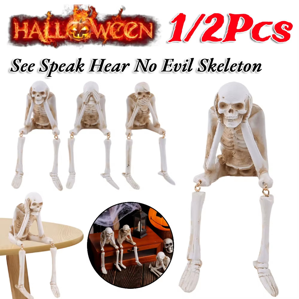 1/2Pcs Halloween Statues See Speak Hear No Evil Skeleton Figurines Resin Realistic Skull Decorations for Halloween Party Decor