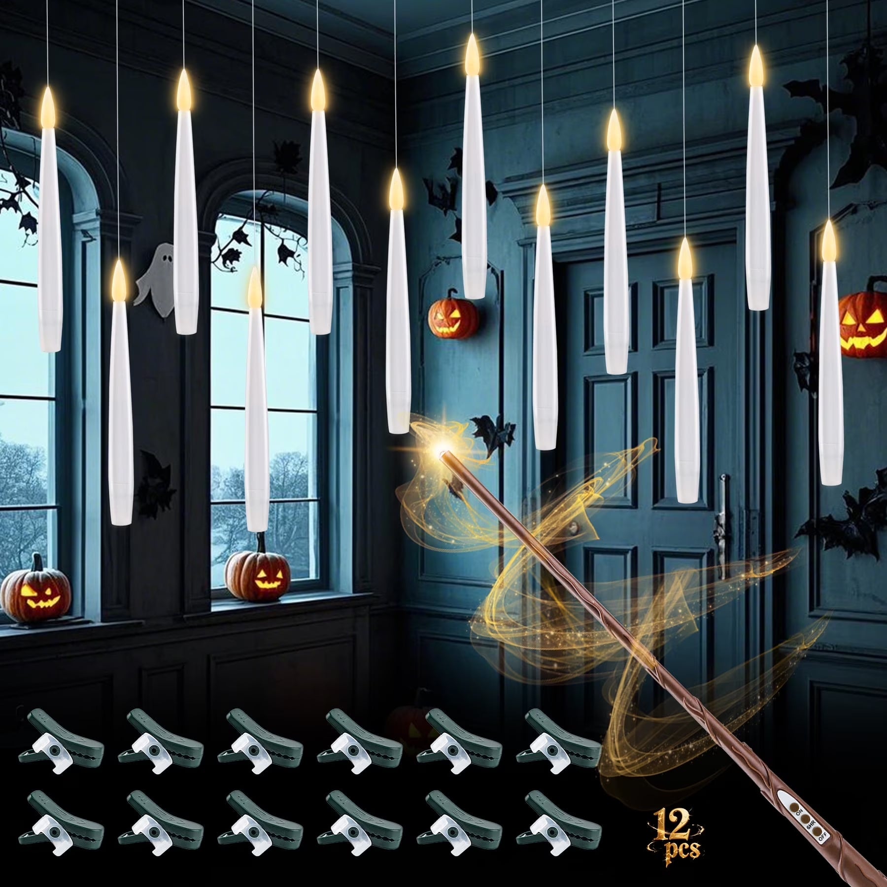 12 Pcs Flameless LED Floating Candles 6 Inches with Magic Wand Remote for Halloween Party, Battery Operated Hanging Taper Candles with Fishing Line, Christmas Tree Clip on Candles with Timer