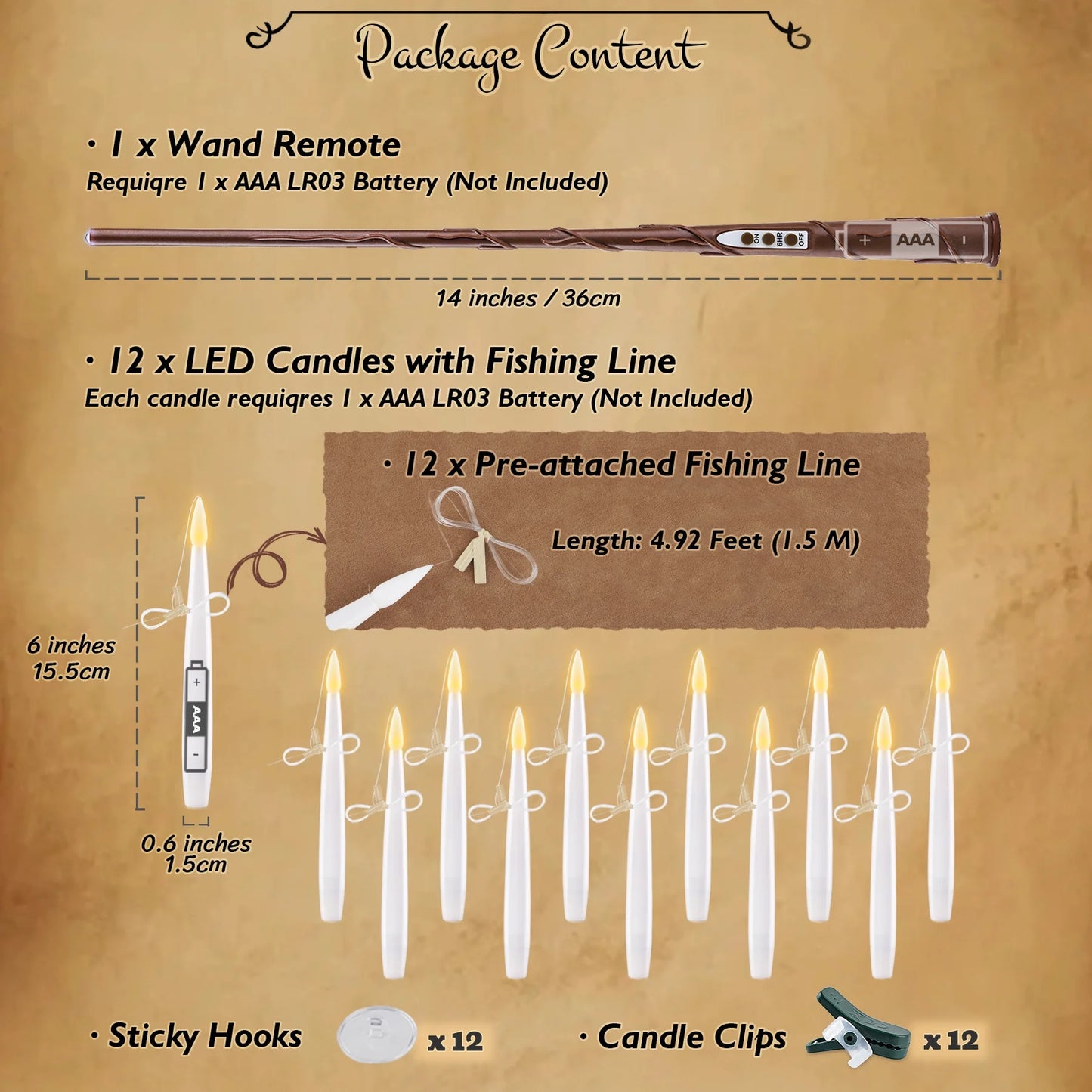 12 Pcs Flameless LED Floating Candles 6 Inches with Magic Wand Remote for Halloween Party, Battery Operated Hanging Taper Candles with Fishing Line, Christmas Tree Clip on Candles with Timer