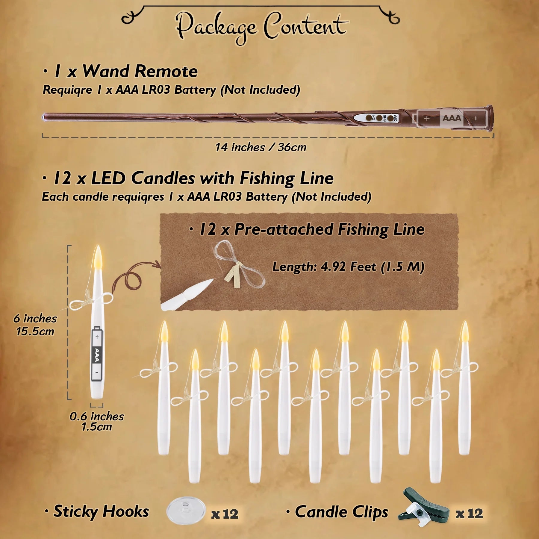 12 Pcs Flameless LED Floating Candles 6 Inches with Magic Wand Remote for Halloween Party, Battery Operated Hanging Taper Candles with Fishing Line, Christmas Tree Clip on Candles with Timer