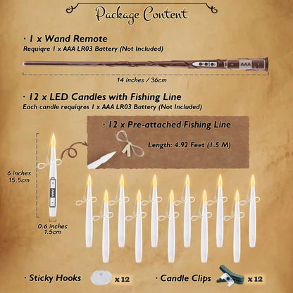 12 Pcs Flameless LED Floating Candles 6 Inches with Magic Wand Remote for Halloween Party, Battery Operated Hanging Taper Candles with Fishing Line, Christmas Tree Clip on Candles with Timer