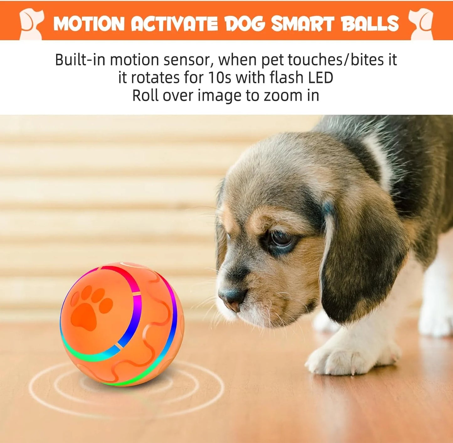 Interactive Dog Toys Dog Ball, Durable Automatic Rolling Ball with Led Flash Lights for Small Meduium Large Dogs Breed, USB Rechargeable Orange