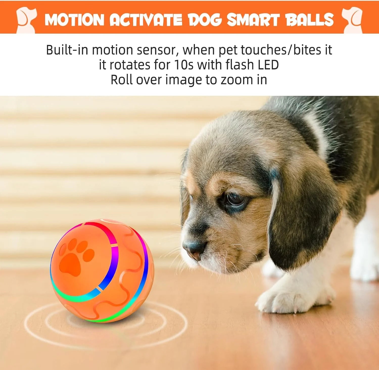 Interactive Dog Toys Dog Ball, Durable Automatic Rolling Ball with Led Flash Lights for Small Meduium Large Dogs Breed, USB Rechargeable Orange