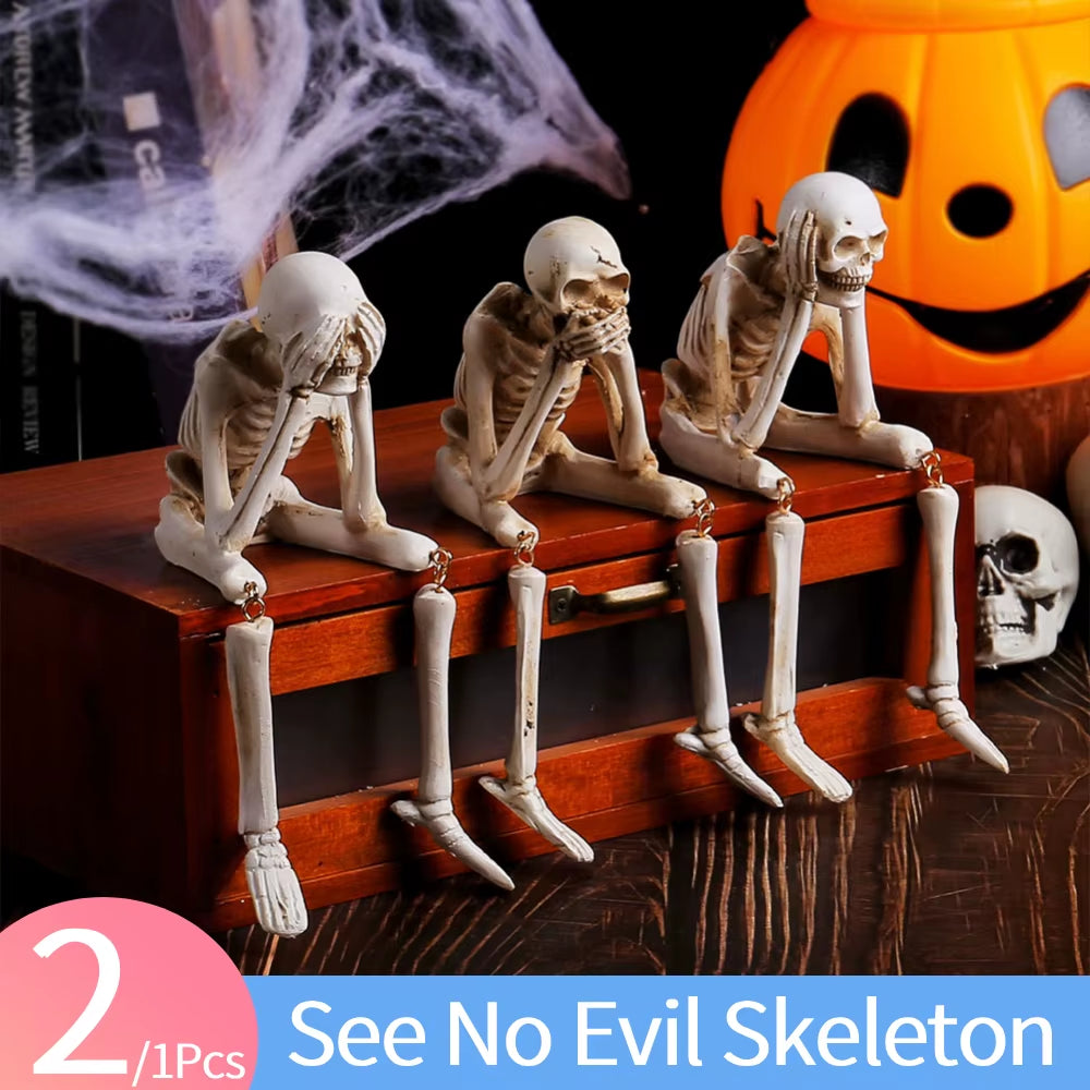 1/2Pcs Halloween Statues See Speak Hear No Evil Skeleton Figurines Resin Realistic Skull Decorations for Halloween Party Decor